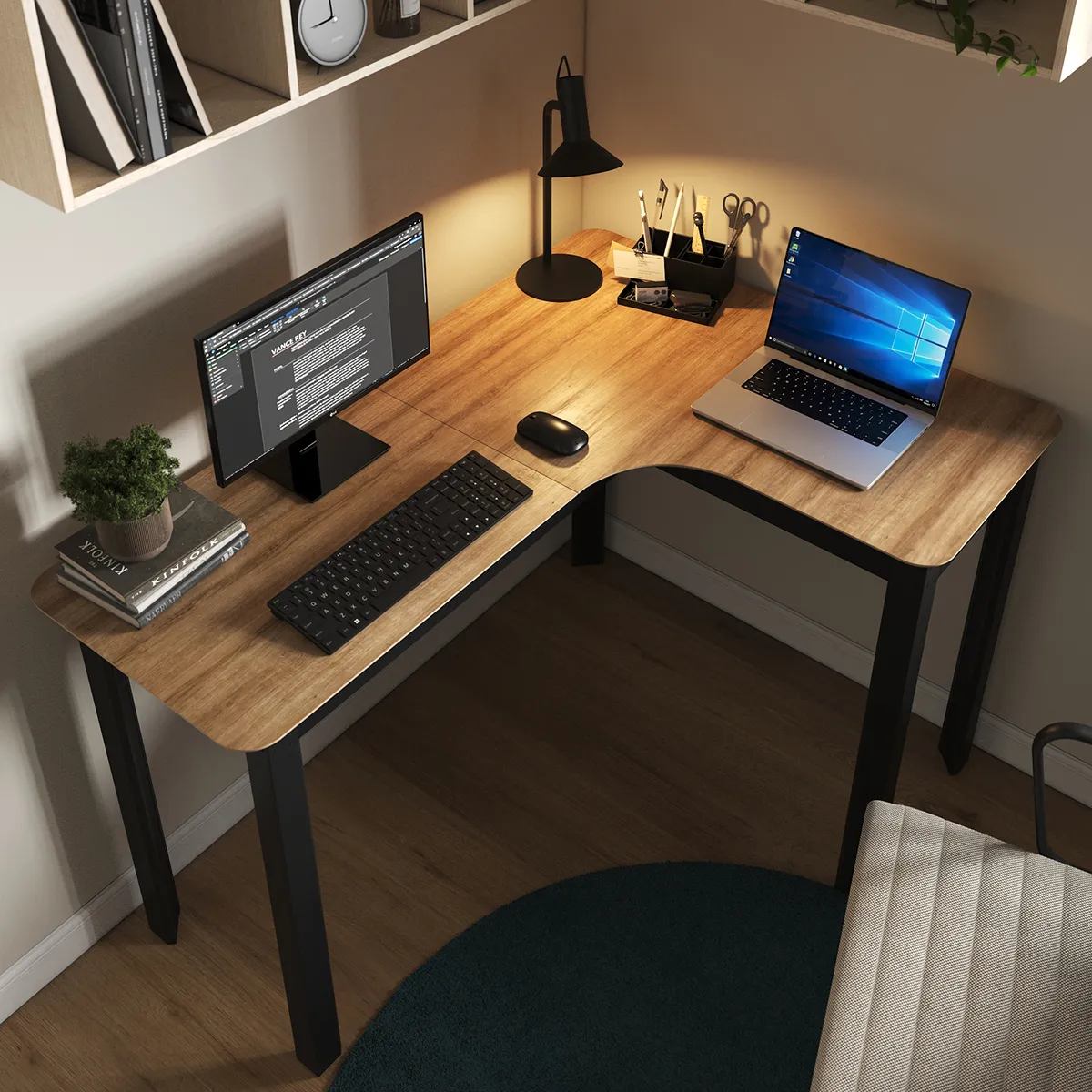 Mesa em L Orgânica Curva 120cm para PC Escrivaninha de Canto Home Office Design Industrial Moderno Gamer, Estação de Trabalho Angular para Escritório