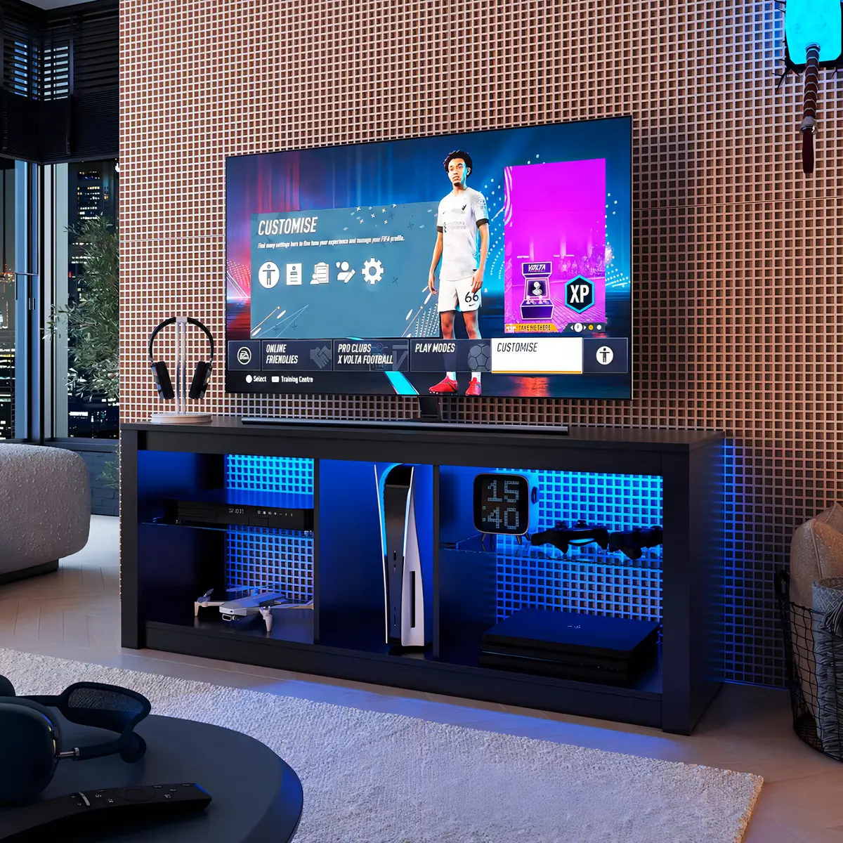 Rack Tv até 55" Gamer Prateleiras de Vidro c/ Led RGB Preto